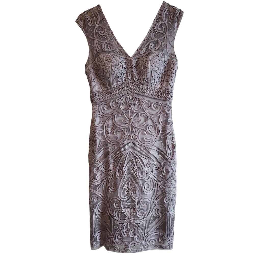 Sue Wong Platinum Lace Embroidered Cocktail Sheath Dress Size 2